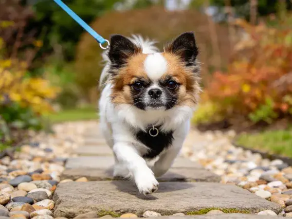 花园小径上的日本京巴犬