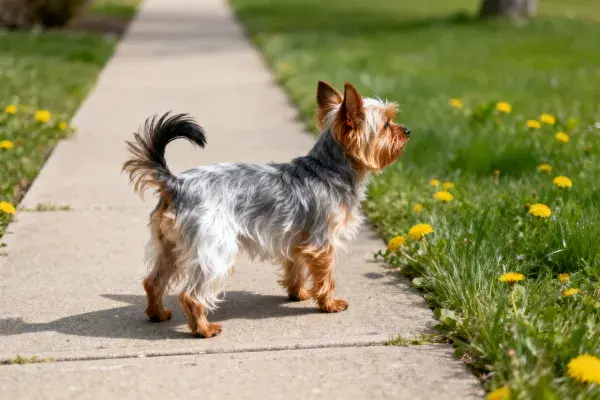 约克夏梗犬于人行道旁观察花丛