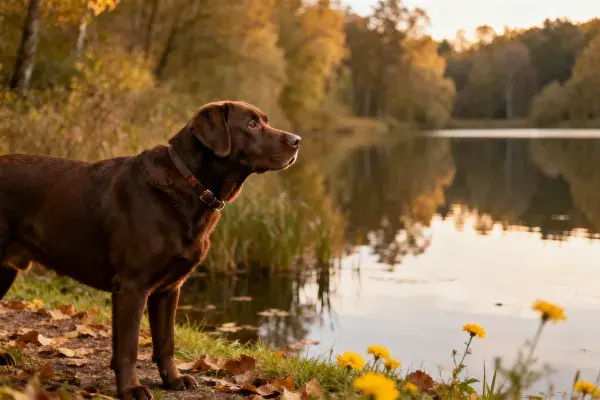 巧克力拉布拉多猎犬湖畔凝望场景