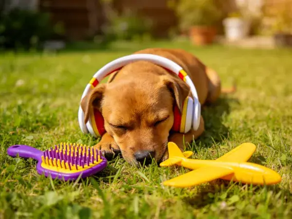 短毛家犬戴耳机趴在草坪上
