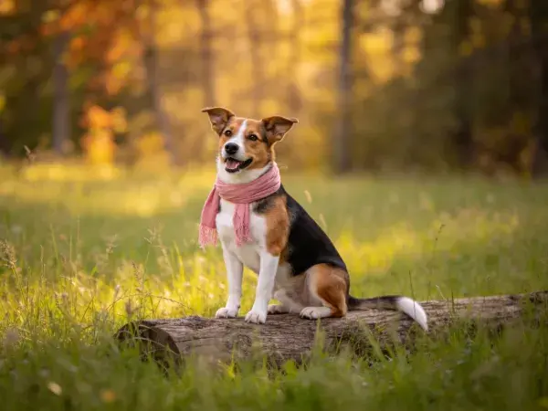 阳光草地上的三色混血犬坐于原木场景