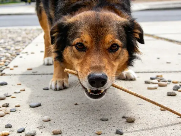 露天场地上的混种犬叼木棍特写