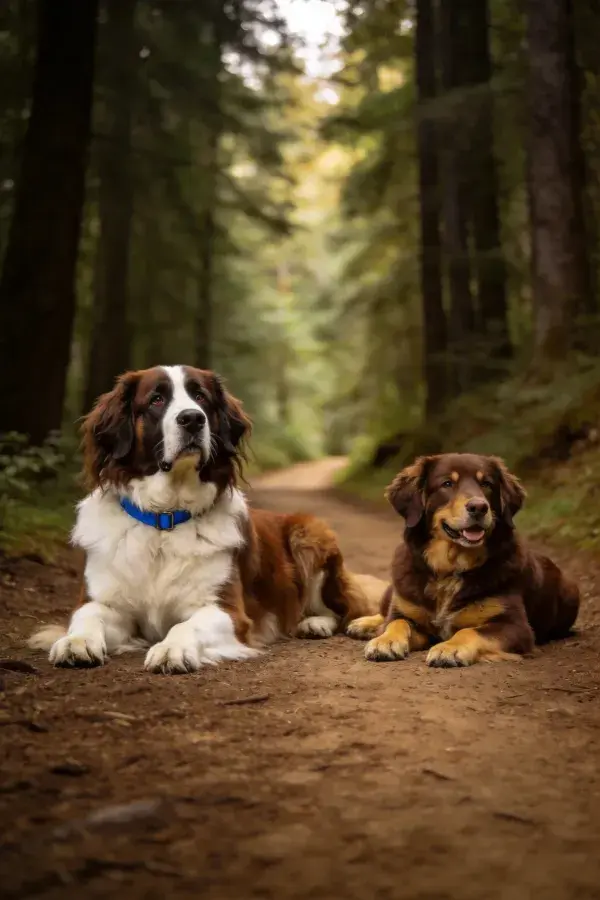阔叶林小径上的圣伯纳犬与混种犬休息场景