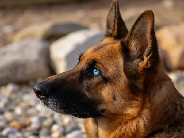 德国牧羊犬凝视岩石场景特写