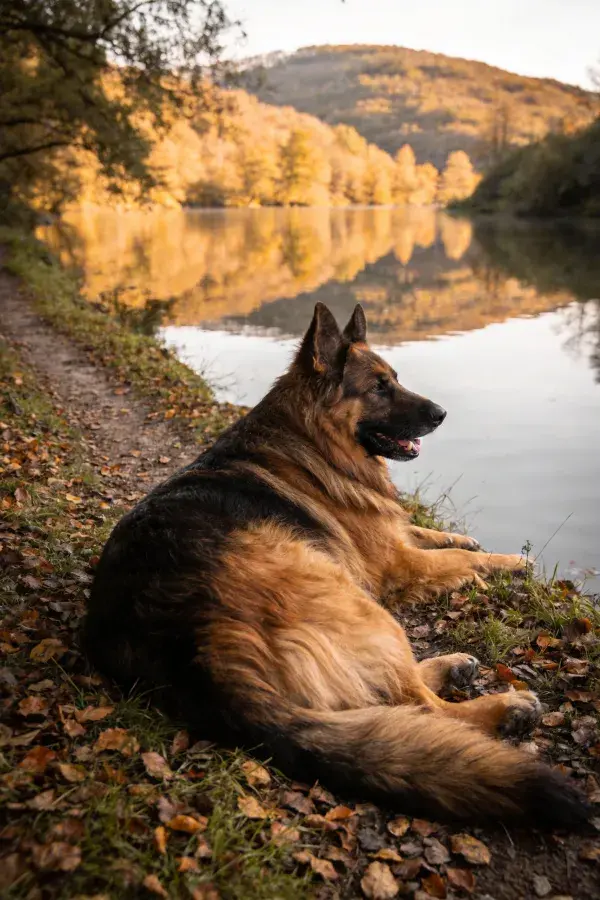 德国牧羊犬于湖边休憩场景特写