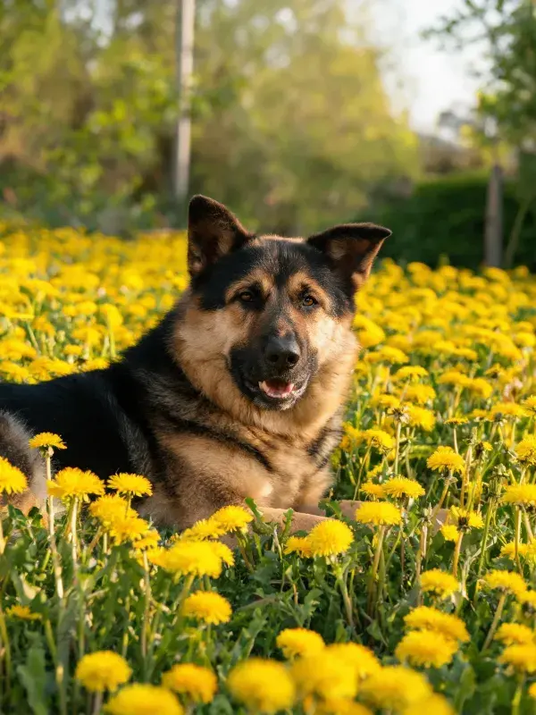 阳光下蒲公英丛中的德国牧羊犬特写