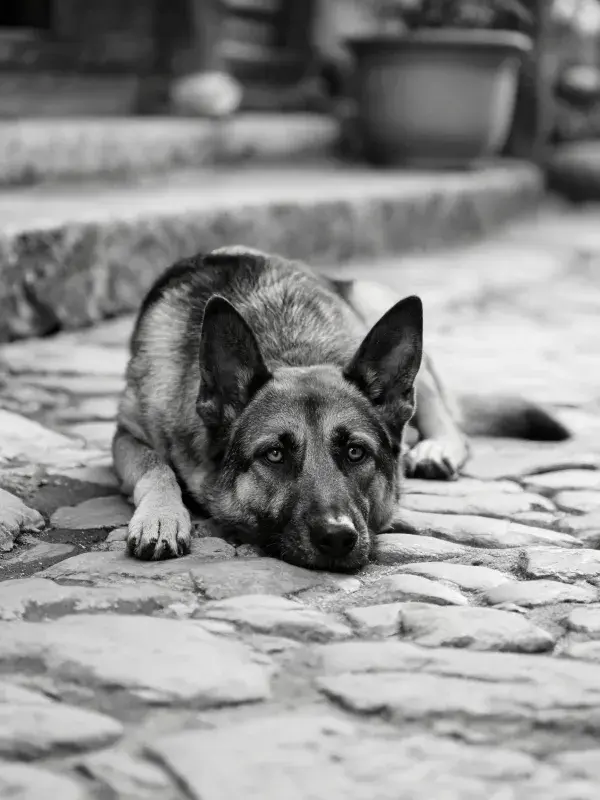 德国牧羊犬趴卧在石板路上的特写