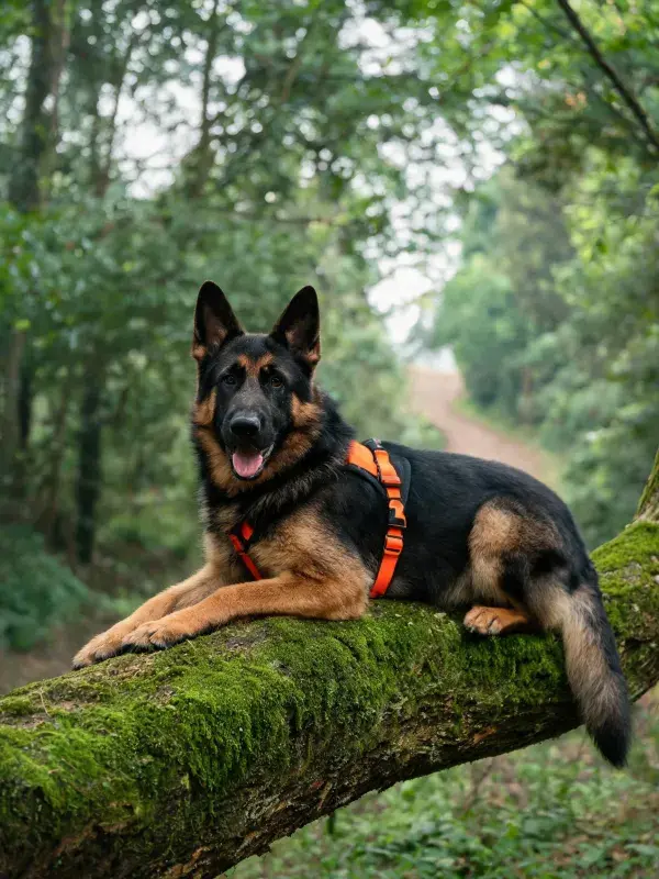 森林中树干上的德国牧羊犬