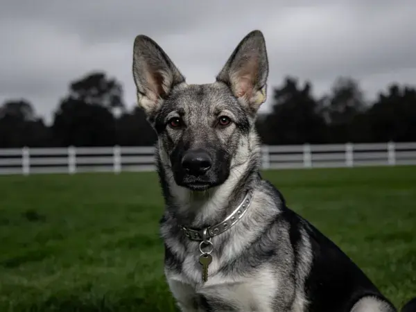 德国牧羊犬坐在草地围栏前