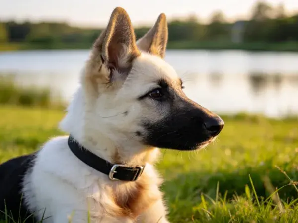 草地水域旁的德国牧羊犬幼犬特写
