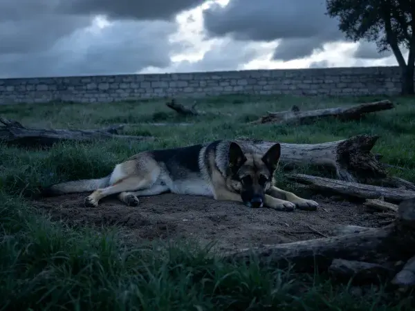 户外草地中德国牧羊犬休憩场景