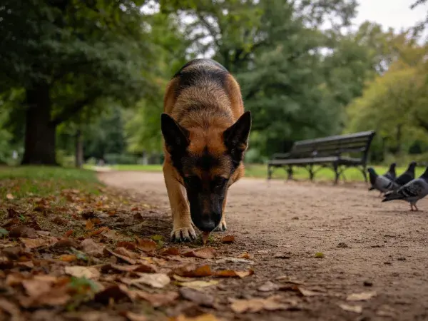 公园小径上德国牧羊犬嗅探落叶场景