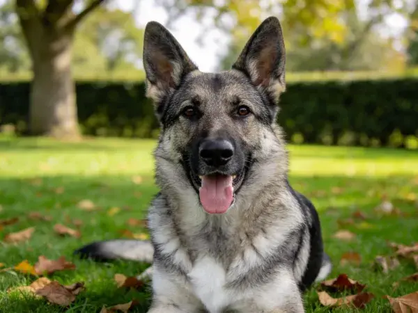 草地落叶间德国牧羊犬静坐