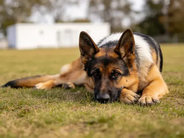 草地上的德国牧羊犬休息场景