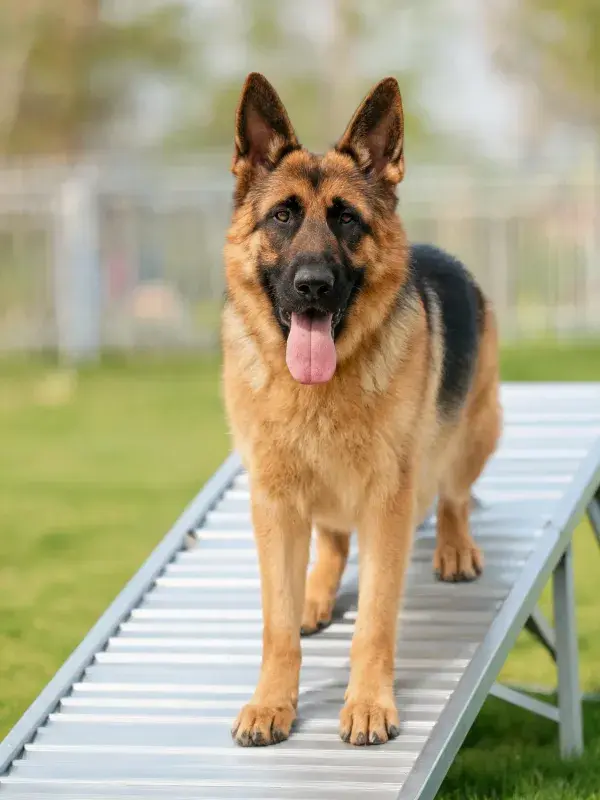 德国牧羊犬站在金属平台上