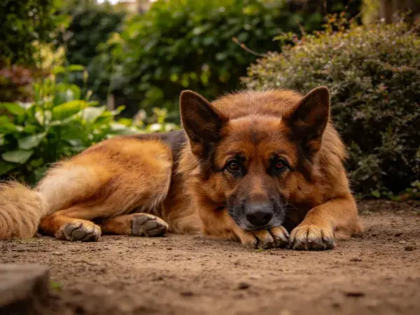 德国牧羊犬安静趴卧于庭院