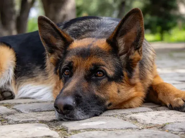 户外石板路上的德国牧羊犬