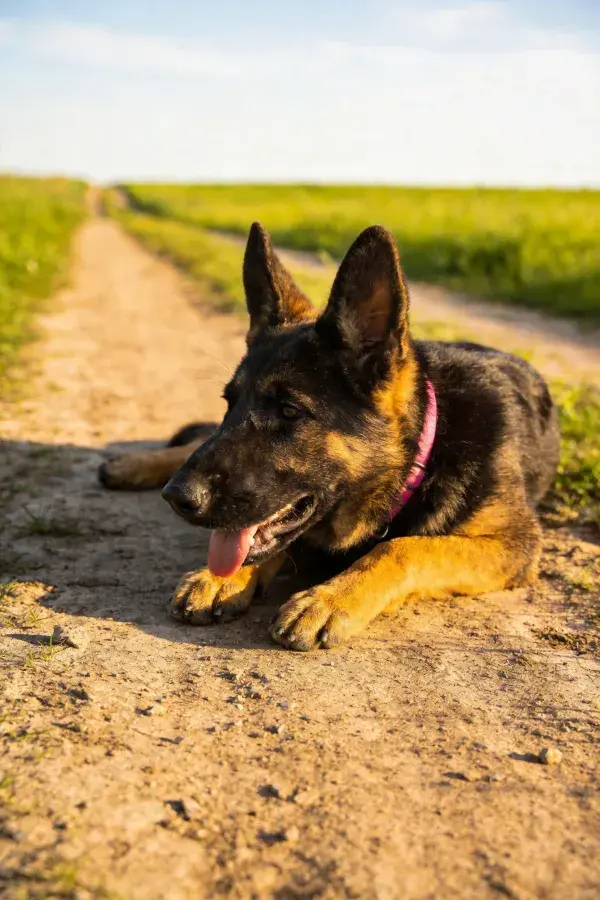 德国牧羊犬于乡间土路休憩