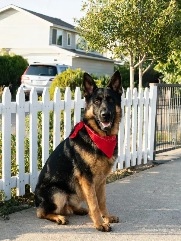 户外场景中戴红色围巾的德牧犬
