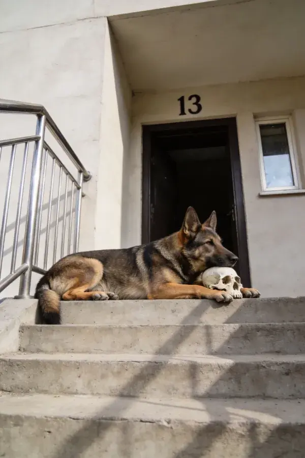 德国牧羊犬躺卧台阶处