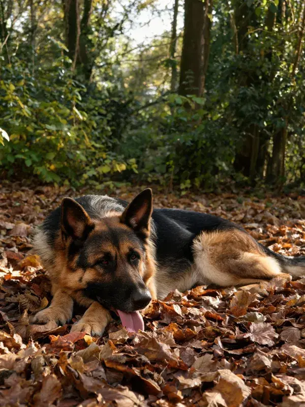 森林落叶间德国牧羊犬的休憩场景