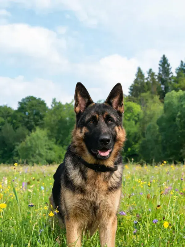 草原上黑棕色德牧犬特写展示