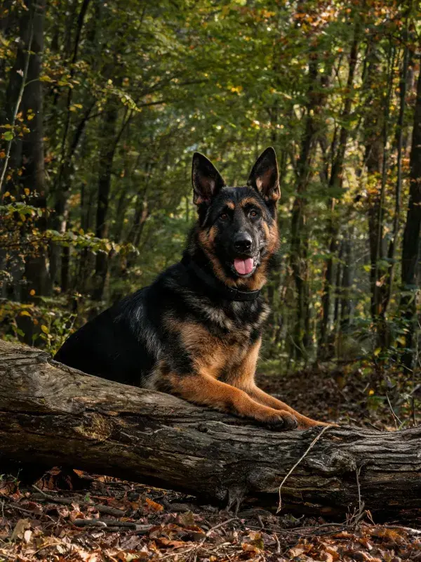 森林中德国牧羊犬静坐