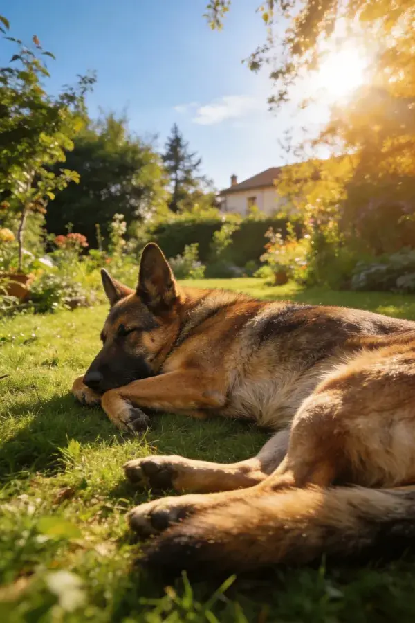 阳光明媚花园里的德国牧羊犬