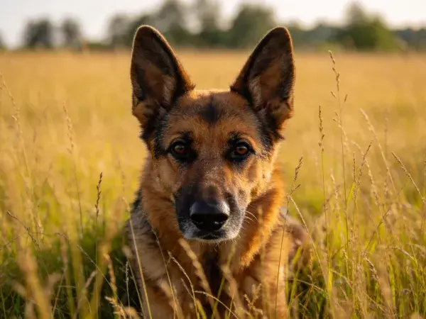 草地暖光下的德国牧羊犬特写