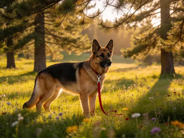 德国牧羊犬站立于阳光森林草地