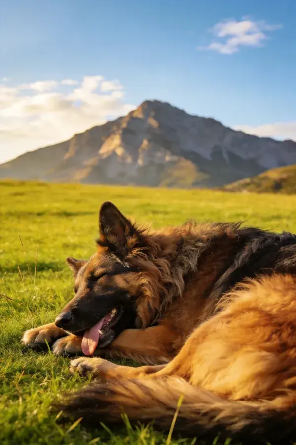 草地山景下的德国牧羊犬