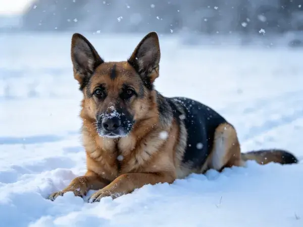 雪地中德国牧羊犬躺卧场景