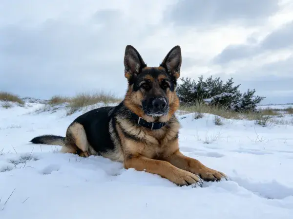 德国牧羊犬雪地静卧场景