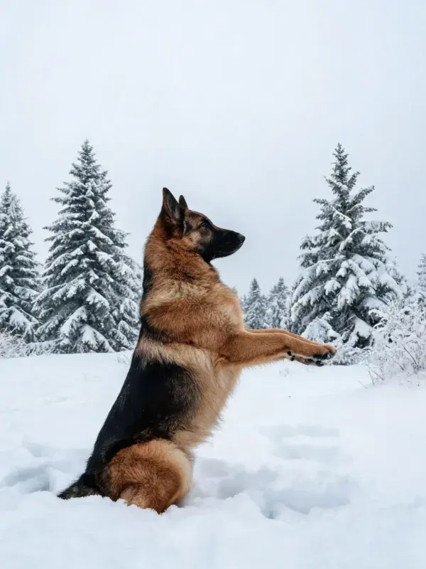 雪地中德国牧羊犬站立姿态