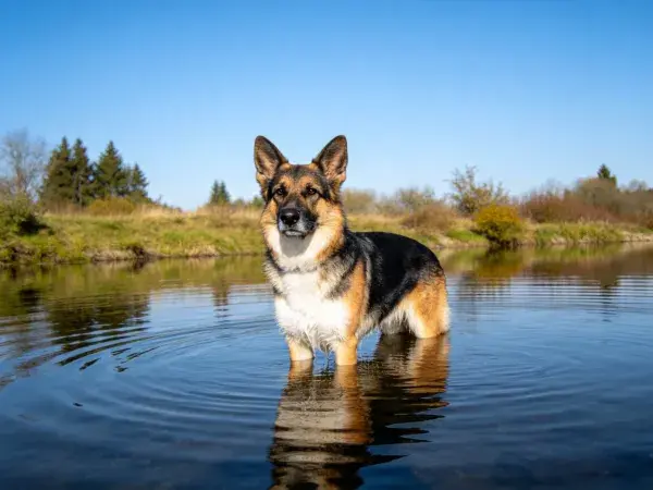 德国牧羊犬于水域中伫立场景