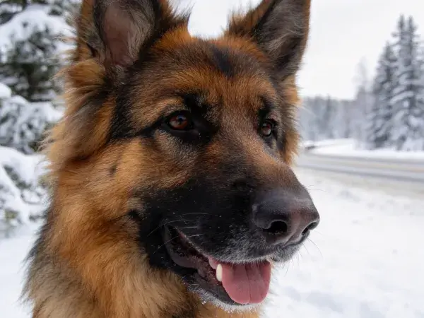 雪地中德国牧羊犬特写