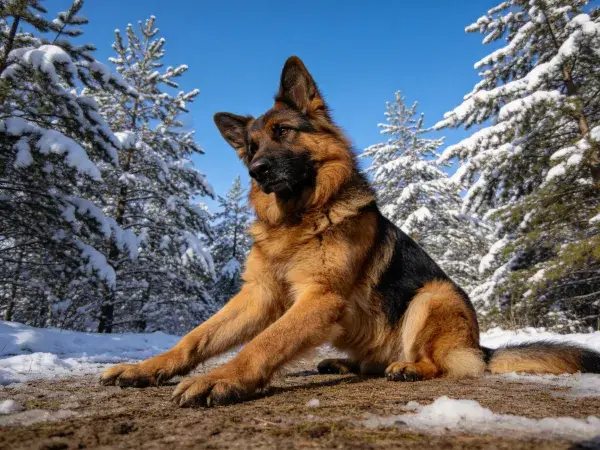 雪地森林中德国牧羊犬的姿态