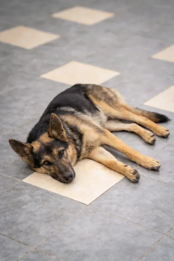 德国牧羊犬于方格瓷砖地面上的姿态展示