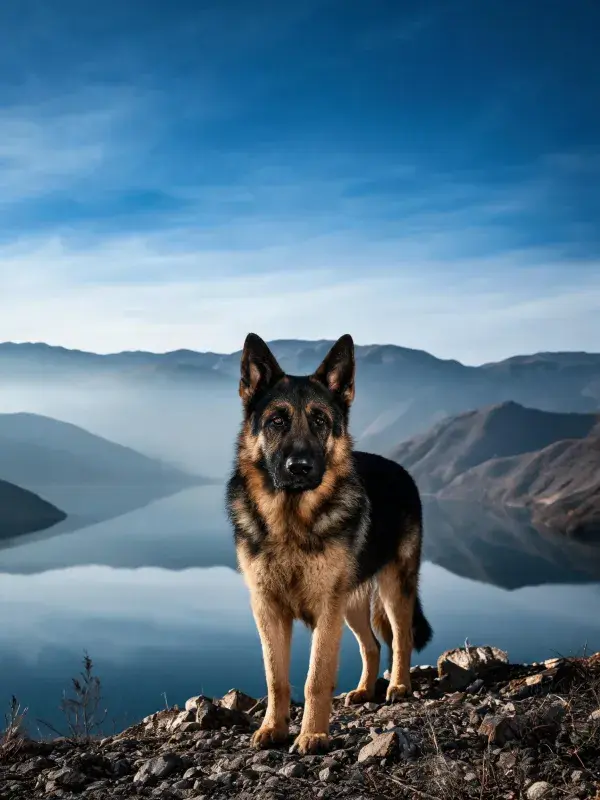 山顶岩石上德国牧羊犬的特写镜头