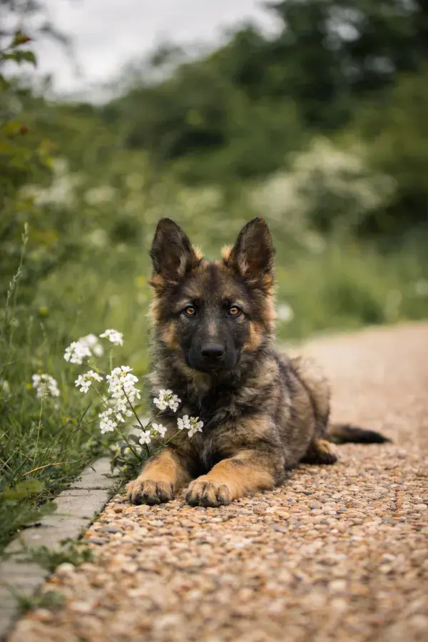 德国牧羊犬幼犬趴在碎石小径旁