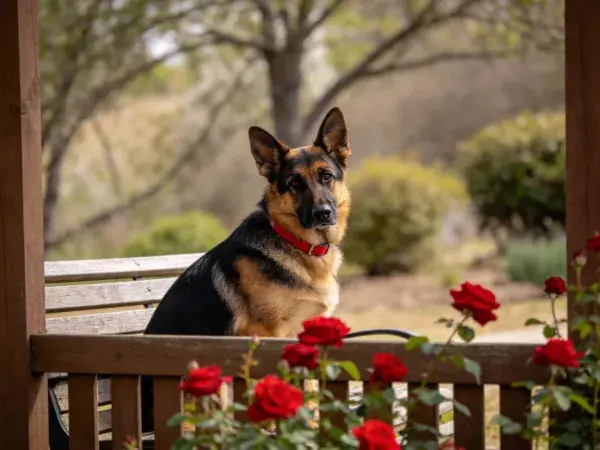 德国牧羊犬于花园长椅处状态记录