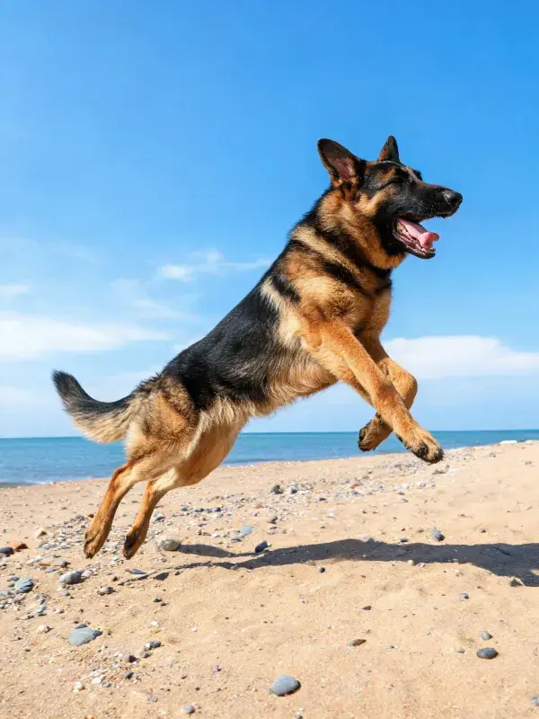 海滩沙地上的德国牧羊犬跳跃场景