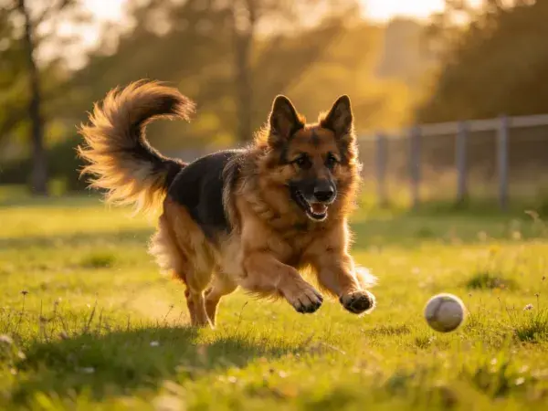 德国牧羊犬追逐棒球于草地场景