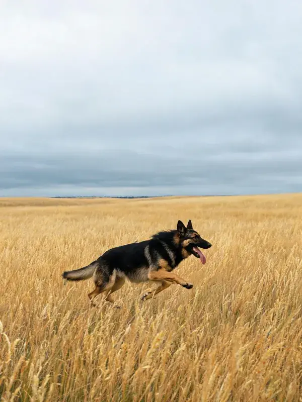 金黄麦田中德国牧羊犬奔跑场景