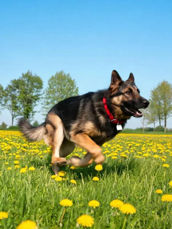 德国牧羊犬在黄花草地奔跑场景