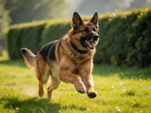 草地中奔跑的德国牧羊犬场景