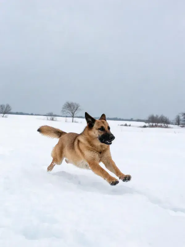 雪地中德国牧羊犬奔跑