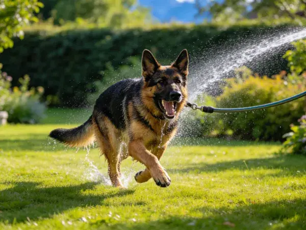 德国牧羊犬在花园喷水场景中的动态捕捉