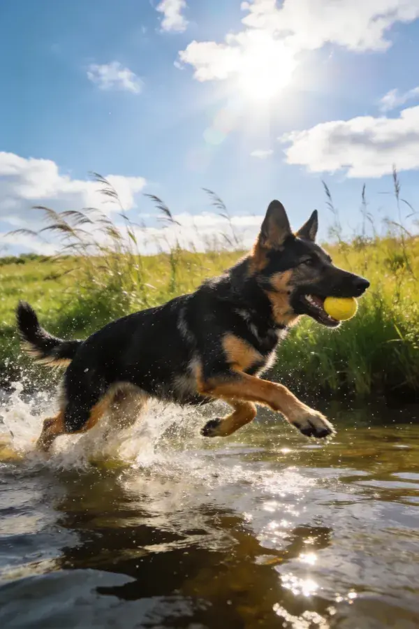德国牧羊犬跃水衔球瞬间
