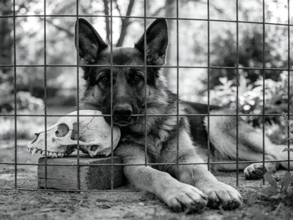 德国牧羊犬与骷髅的围栏内场景